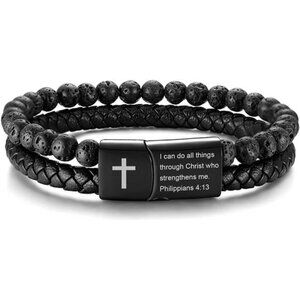 Mens leather cross bracelet christian bible verse lava rock faith jewelry gift